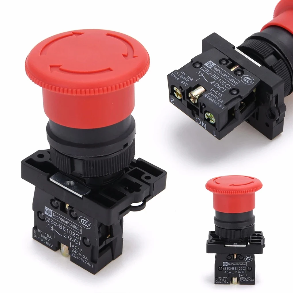 Mushroom Red Sign Emergency Stop Switch Screw Terminal Push Button Control Switches Plastic 22mm Mounting Hole