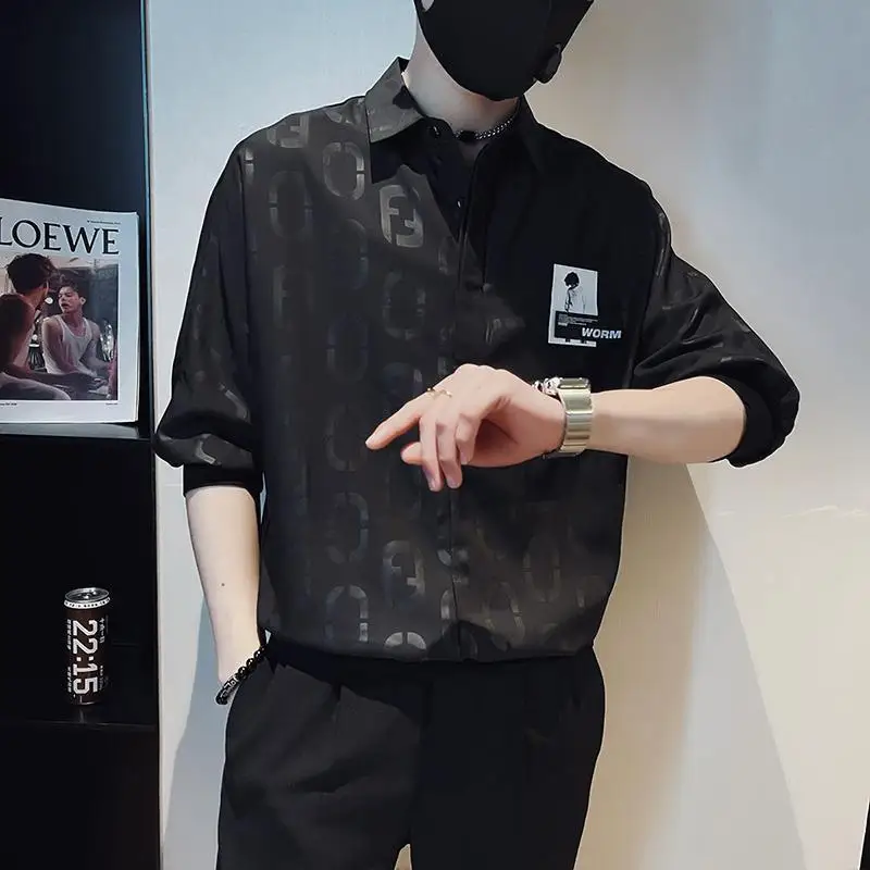 

Мужская рубашка из двух частей из ледяного шелка с короткими рукавами, летний повседневный красивый костюм, топ