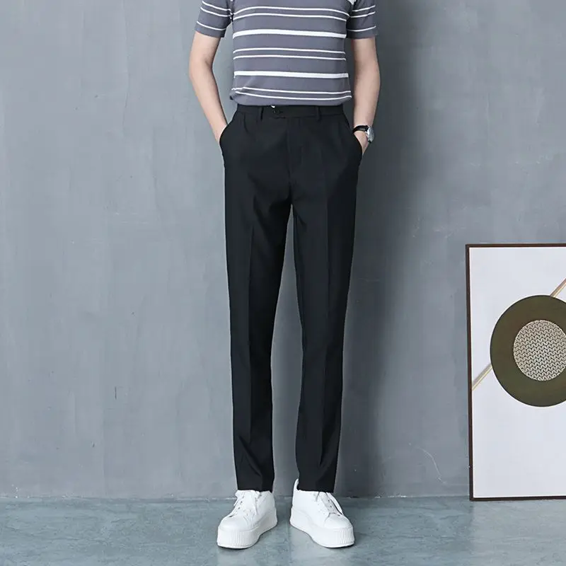 Men's Light Grey Straight Leg Trousers Seoul Fit Business Casual Pants with Elegant Drape Minimalist Streetwear for Autumn