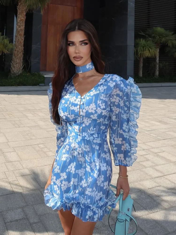 

Элегантное мини-платье с цветочным принтом для женщин, с V-образным вырезом, оборками, длинными рукавами, на одной пуговице, с завышенной талией, 2026, для отпуска
