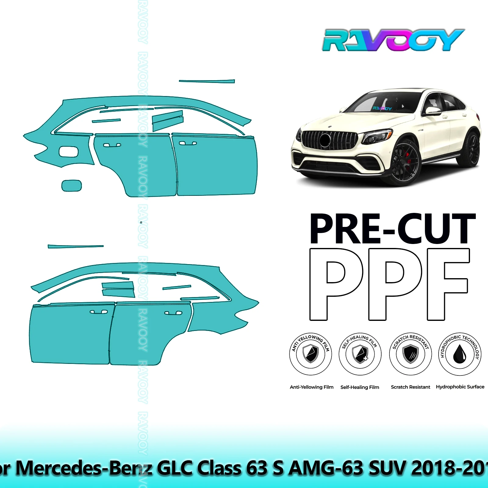 

For Mercedes-Benz GLC Class 63 S AMG-63 SUV 2018-2019 8.5mil Pre-Cut PPF Door & A/B Pillar Kit TPU Paint Protection Film Set