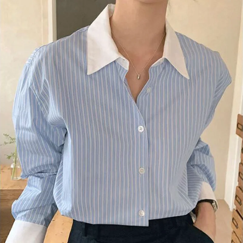 

Korean Style Fashion Cotton Shirt Top for Women Casual Loose Striped Color Contrast Lapel Spring Summer Versatile Long Sleeve