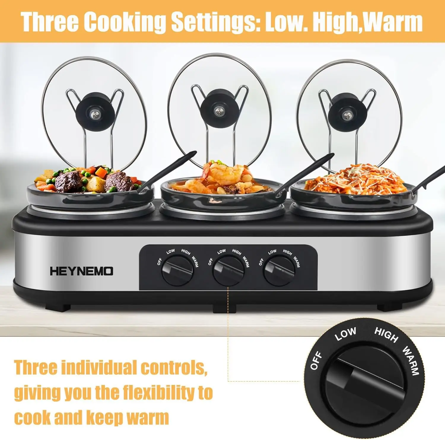 Triple Slow Cooker, 3×1.5 QT Buffet Servers and Warmers, 3 Pots Buffet Slow Cooker Adjustable Temp Lid Rests Stainless Steel