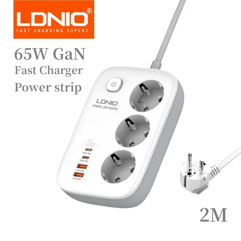 LDNIO Power Strip EU Standard Plug 3 Outlets with PD 65W 4 USB Fast Charging 2M Extension Cable Network Filter Socket Adapter