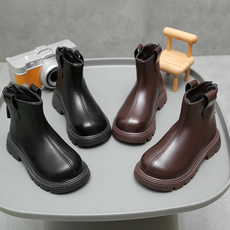2025 New short boots warm short boots Children's winter leather boots girls' and boys' warm boots