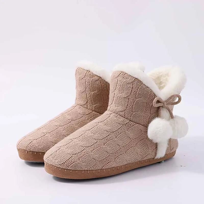 Shevalues Women's Fuzzy Snow Boots Plush Lined Knit Fur Slippers Non-slip Fluffy Ankle Boots Winter Warm Furry Home Cotton Shoes