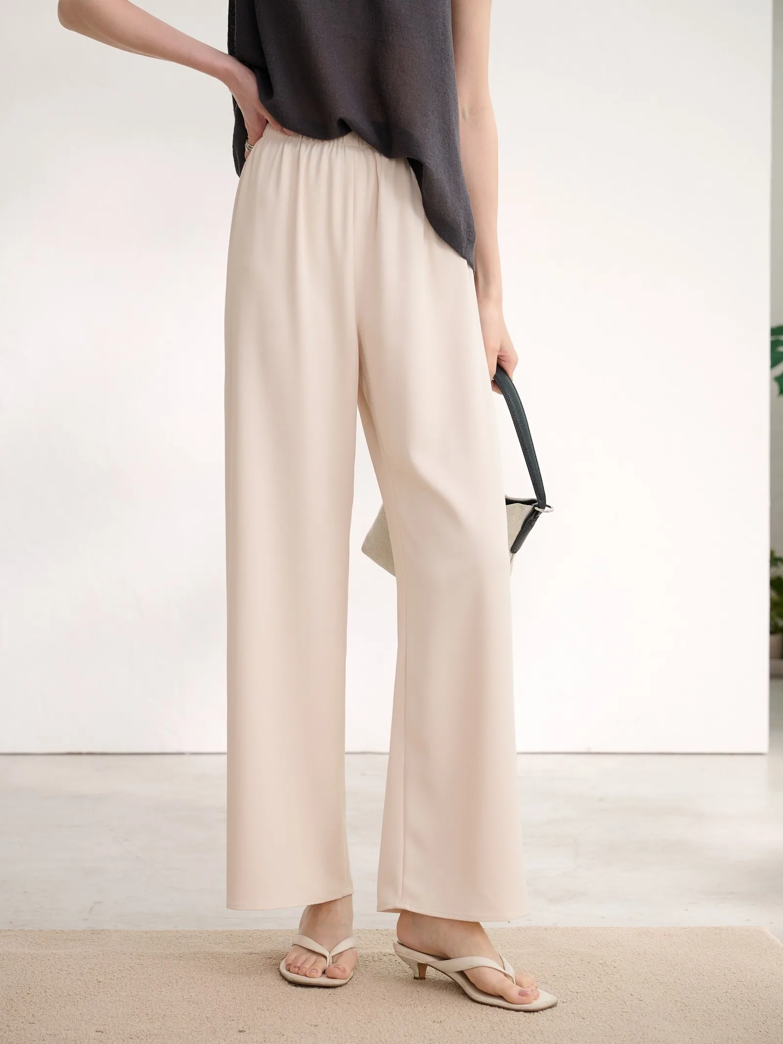 

JPOO Casual Pants Wide Leg Straight Cut Lightweight Draped Elastic Waist Commute Trousers Ladies Faion Spring Season