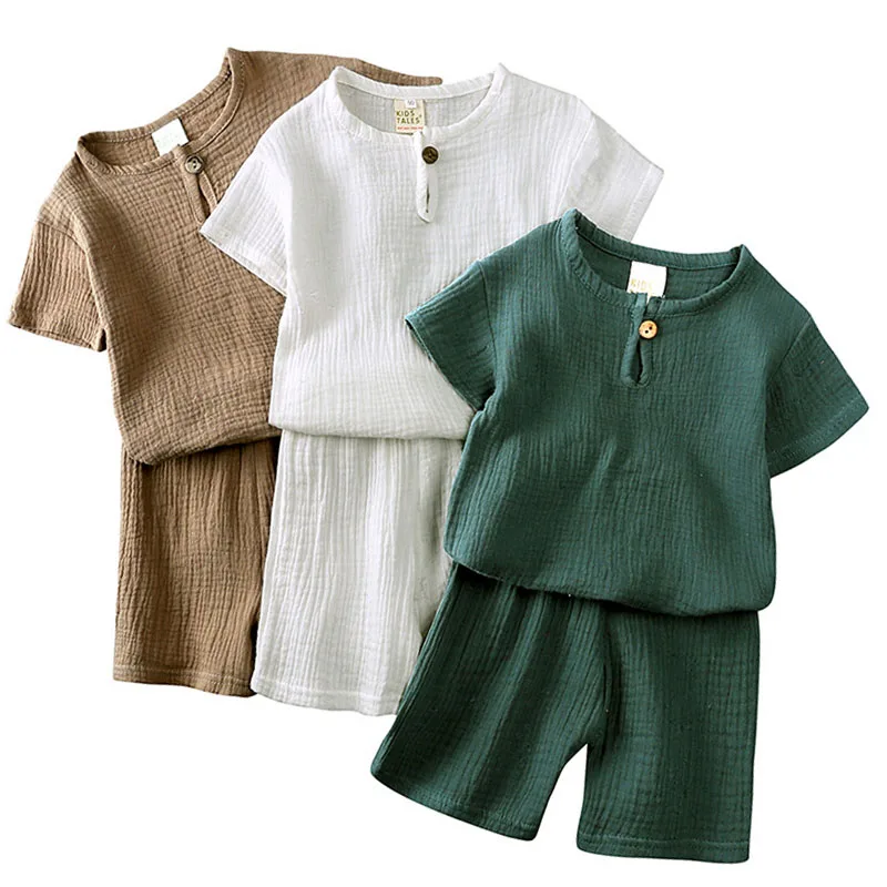 2 قطعة الأطفال قصيرة الأكمام بلايز السراويل مجموعات الصيف الاطفال ملابس طفل الفتيان القطن الكتان تي شيرت رياضية موضة الأولاد وتتسابق