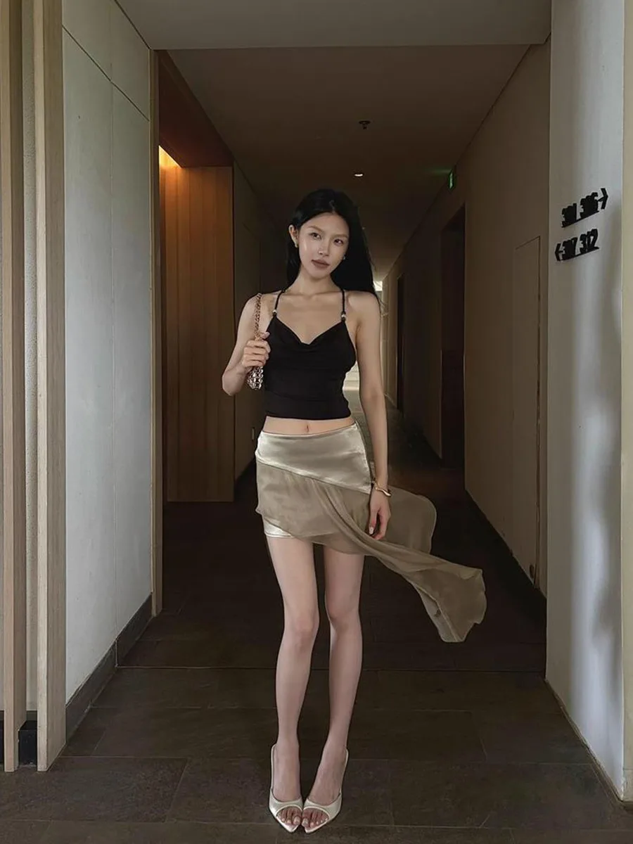 Caramel Satin Sequin Patchwork  Skirt Women's Summer New Style Pure Desirable Spicy Girl Asymmetrical Hemline Bodycon Skirt