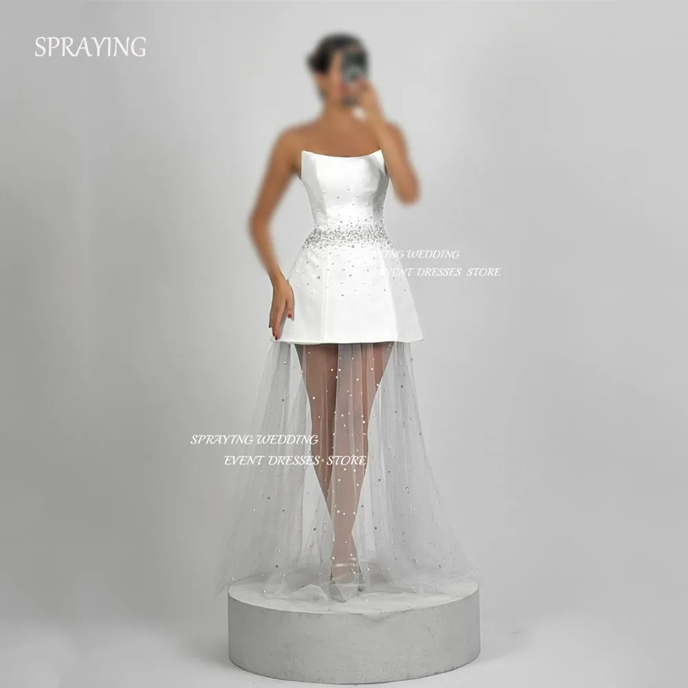 

SPRAYING Luxury Beaded Satin Wedding Dress O Neck Mini Bridal Gowns A line Short Tiered Engagement Party Dress Customized 2025