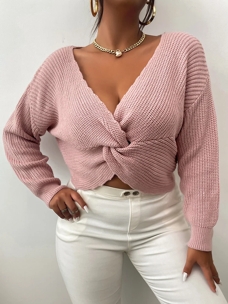 ONELINK Solid Pink Plus Size Women\'s Sweater V Neck Sexy Cross Knot Front Knitting Pullover Long Sleeve Top Office Lady Daiting