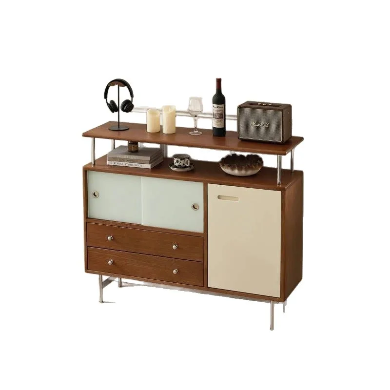 

retro solid wood dining side cabinet, medieval cherry wood integrated against the wall, living room locker storage entrance