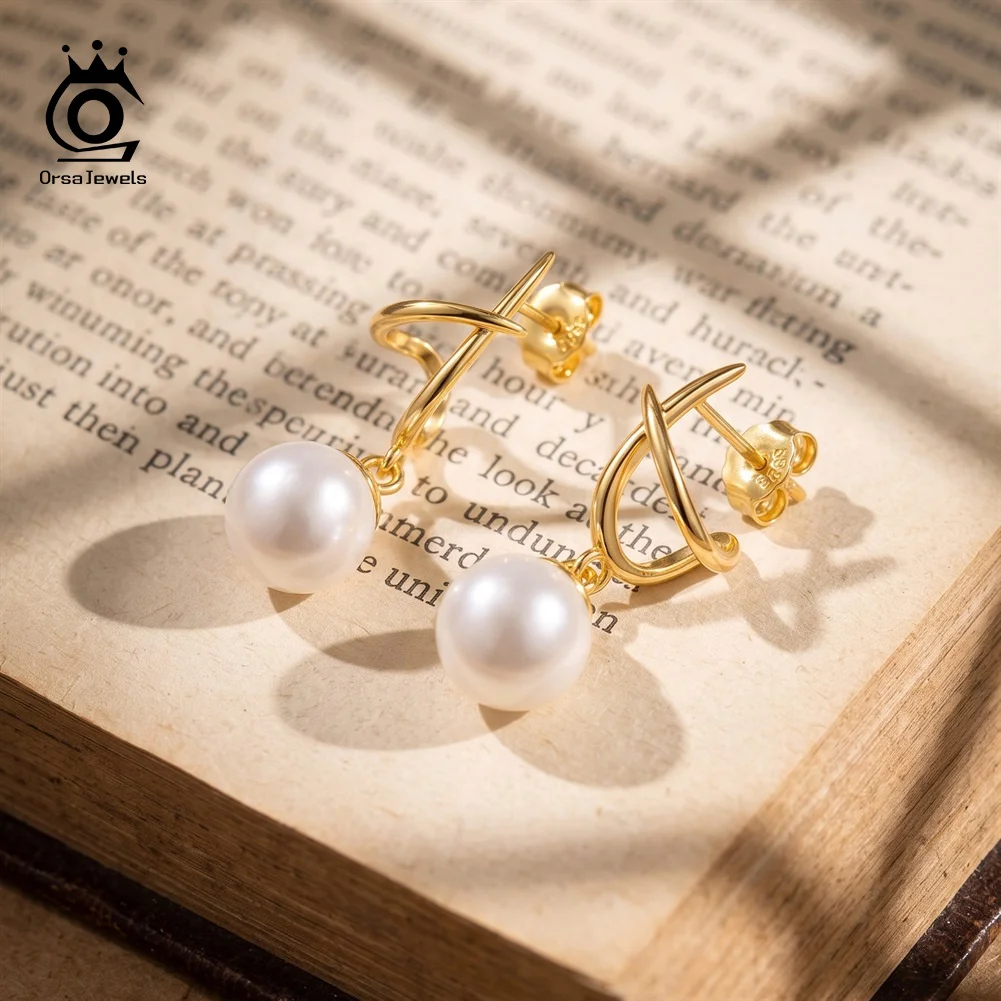 ORSA JEWELS Twisted Hook Shell Pearl Drop Earrings for Women 925 Sterling Silver Shell Pearl Dangle Modern Jewelry Gift PSE14
