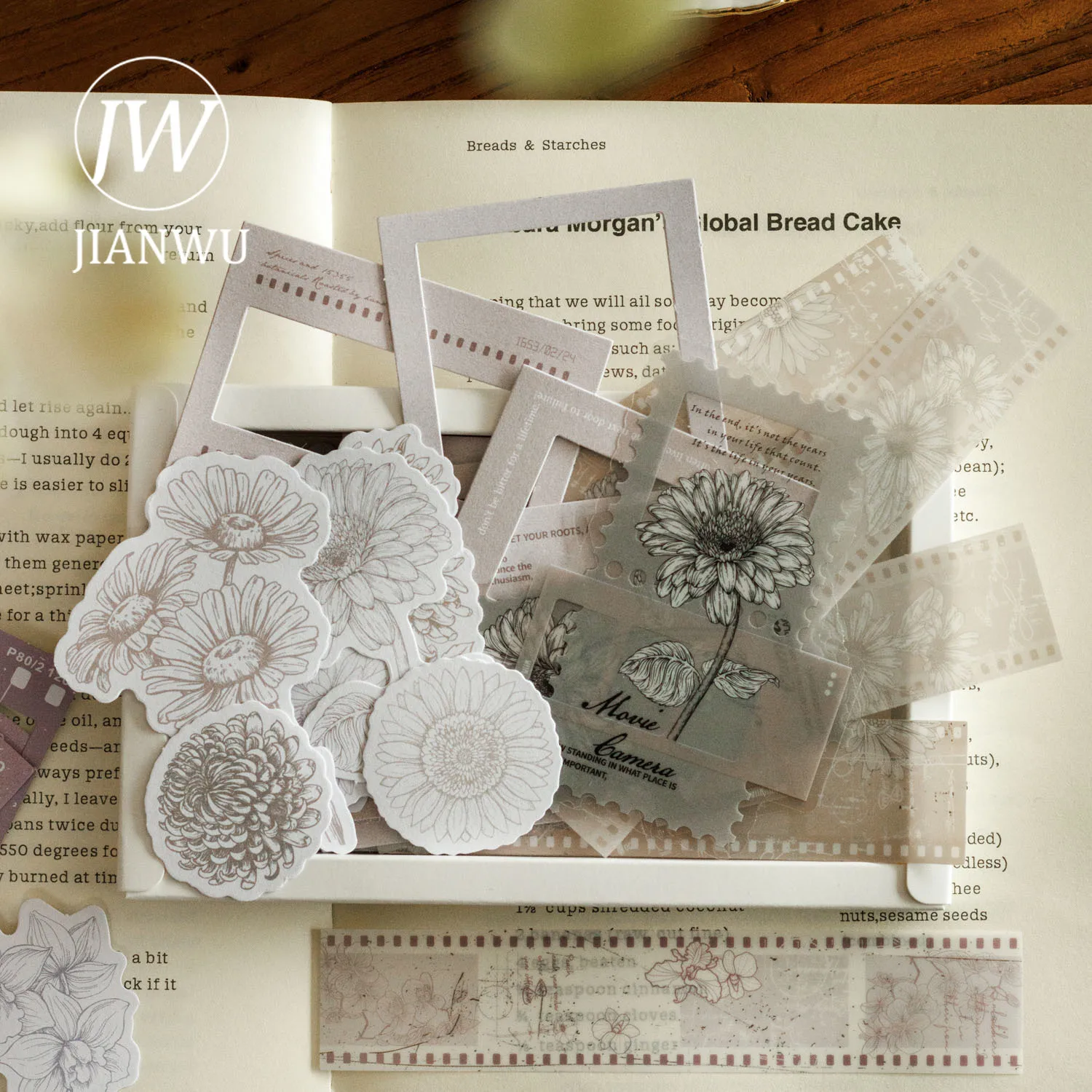 JIANWU 54 Sheets Instant Flying Flower Series Vintage Hollow Material Decor Sticker Creative DIY Journal Collage Stationery