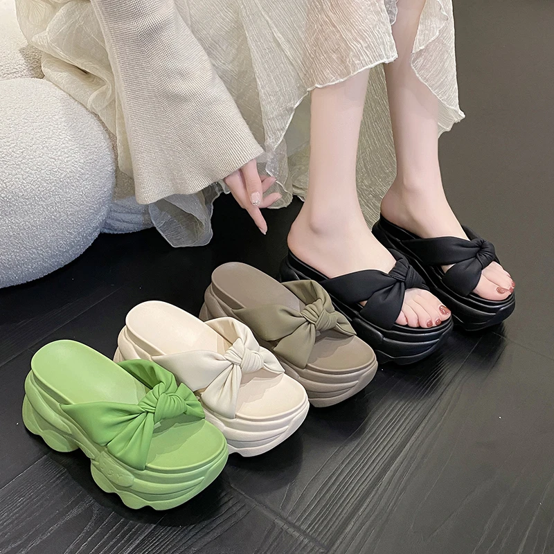 9CM High Platform Slippers Women Solid Color Thick Sole Leather Sandals Woman Chunky Summer Casual Beach Slides Zapatos Mujer