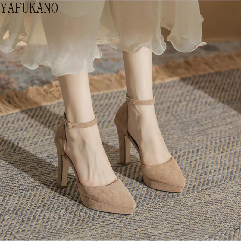 Suede Platform High Heels Not Tired Feet Thick Heel Ankle Strap Career Pointed Pumps Mid Hollow Women Sandals Small Size 32 33