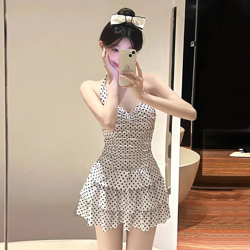 ชุดว่ายน้ำวันพีซลายจุดสไตล์เคป๊อปสุดเซ็กซี่ แต่งระบาย สายคล้องคอ บอดี้สูท ชุดมินิเดรส กางเกงขาสั้น บิกินี่ ชุดว่ายน้ำเสริมฟองน้ำ ชุดไปทะเล