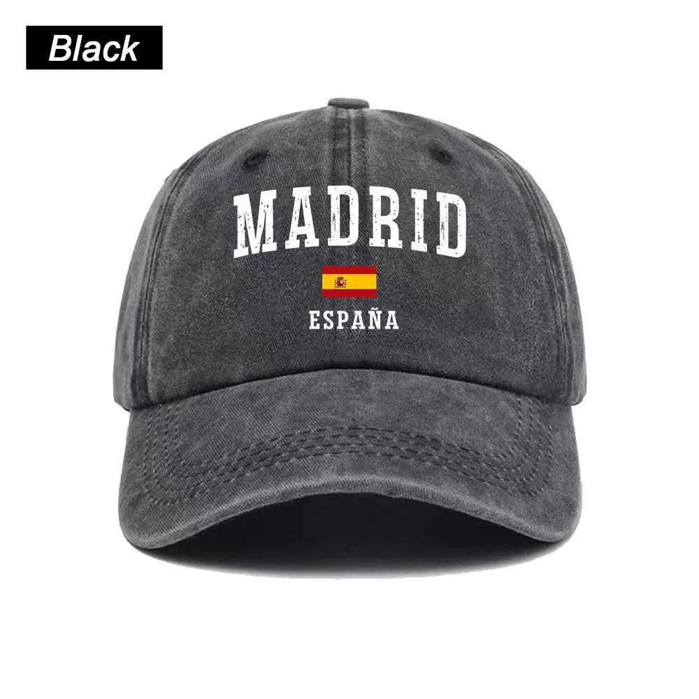 Vintage Washed Baseball Cap Madrid Spain Flag Print Graphic Unisex Streetwear Casual Trucker Style Summer Cotton Sun Hat
