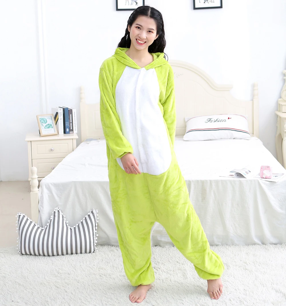 Animal Cosplay Costume Fluorescent Green Frog Adult Pajamas Winter Warm Sleepwear Halloween Cosplay Homewear Plush Anime Costume