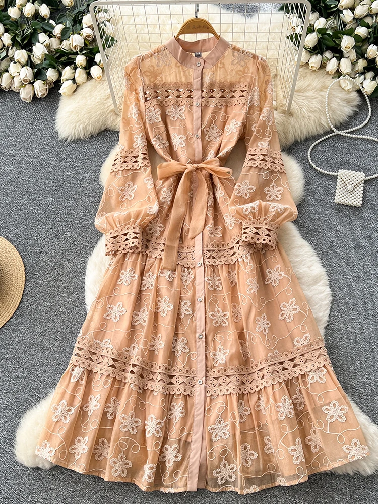 

French Elegant Long Sleeved Dress Women Spring Autumn Fashionable Lace Patchwork Embroidery Party Birthday Long Dress S128