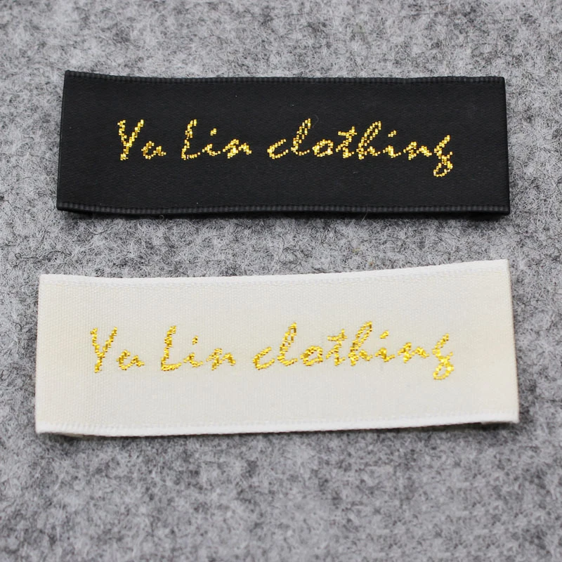 Customized Stain labels/tag Woven labels for clothing/bags/shoes/Garment brand labels custom free design / logo with gold foil