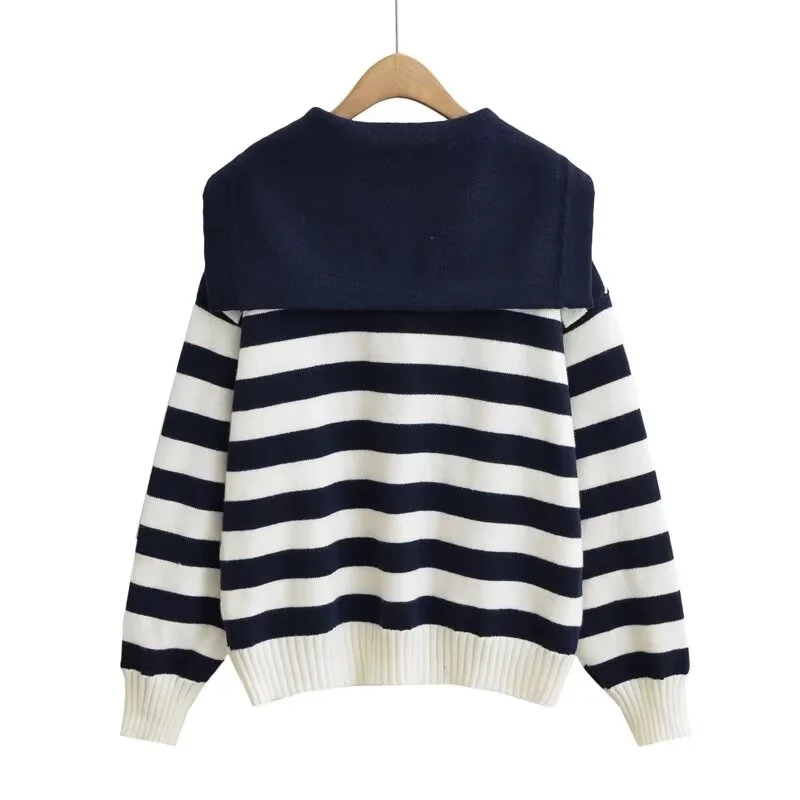 KEYANKETIAN Winter New Women's Navy Collar Striped Sweater British style Pockets Oversize Loose Padded Knitwear Pullover Top