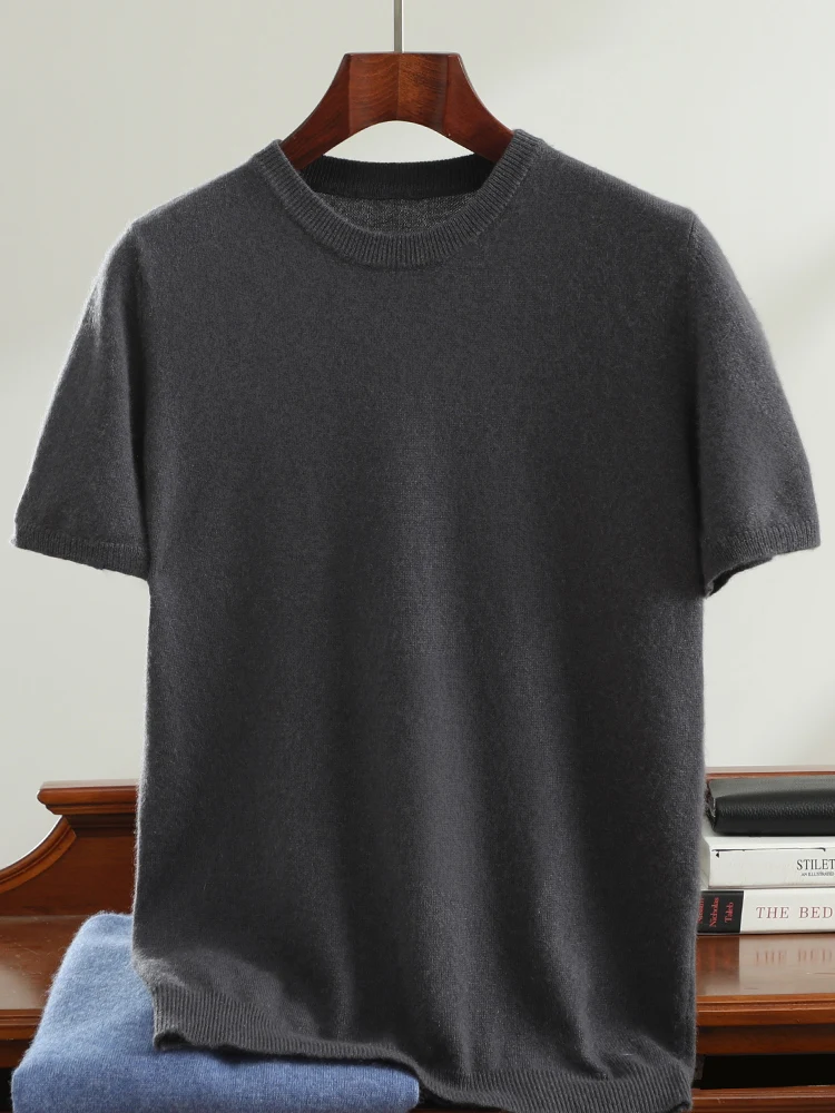 CHICUU Men O-neck Cashmere T-shirt Spring Summer Basic Short Sleeve Pullover Soft Thin 100% Cashmere Knitwear Casual Sweater Top