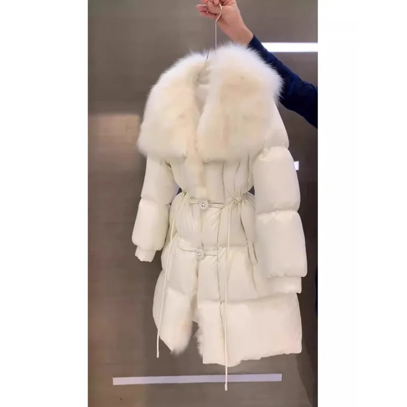 Winter Intensification Coat Sense of Advanced Temperament Medium-length White Large Fur Collar Down Padded Jacket Female Winter