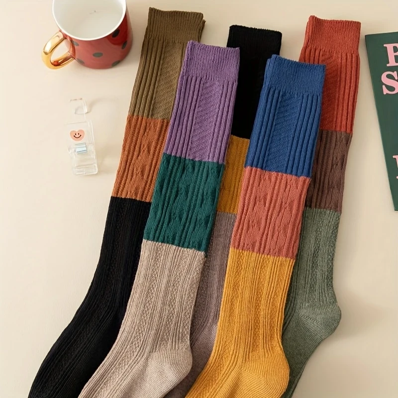1 Pair/5 Pairs Thick- Three-color Long Tube Sock Autumn/winter Color-blocked Mid-calf Socks for Women Academic Look Knee-high