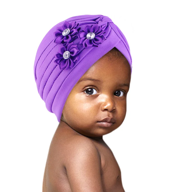 Newborn Flower Muslim Hijab Kids Girls Turban for Toddler Chemo Cap Beanies Hat Underscarf India Pleated Hair Loss Hats Headwrap