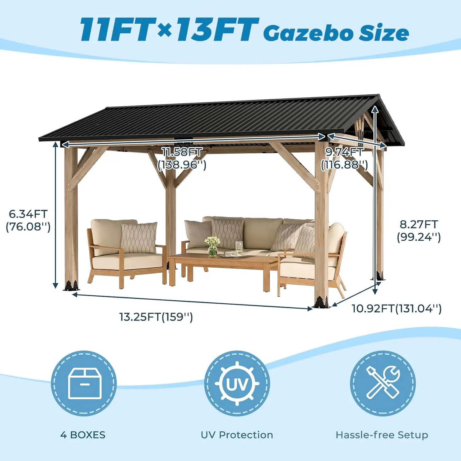 11' x 13' Wood Gazebo Featuring a Galvanized Steel Gable Roof