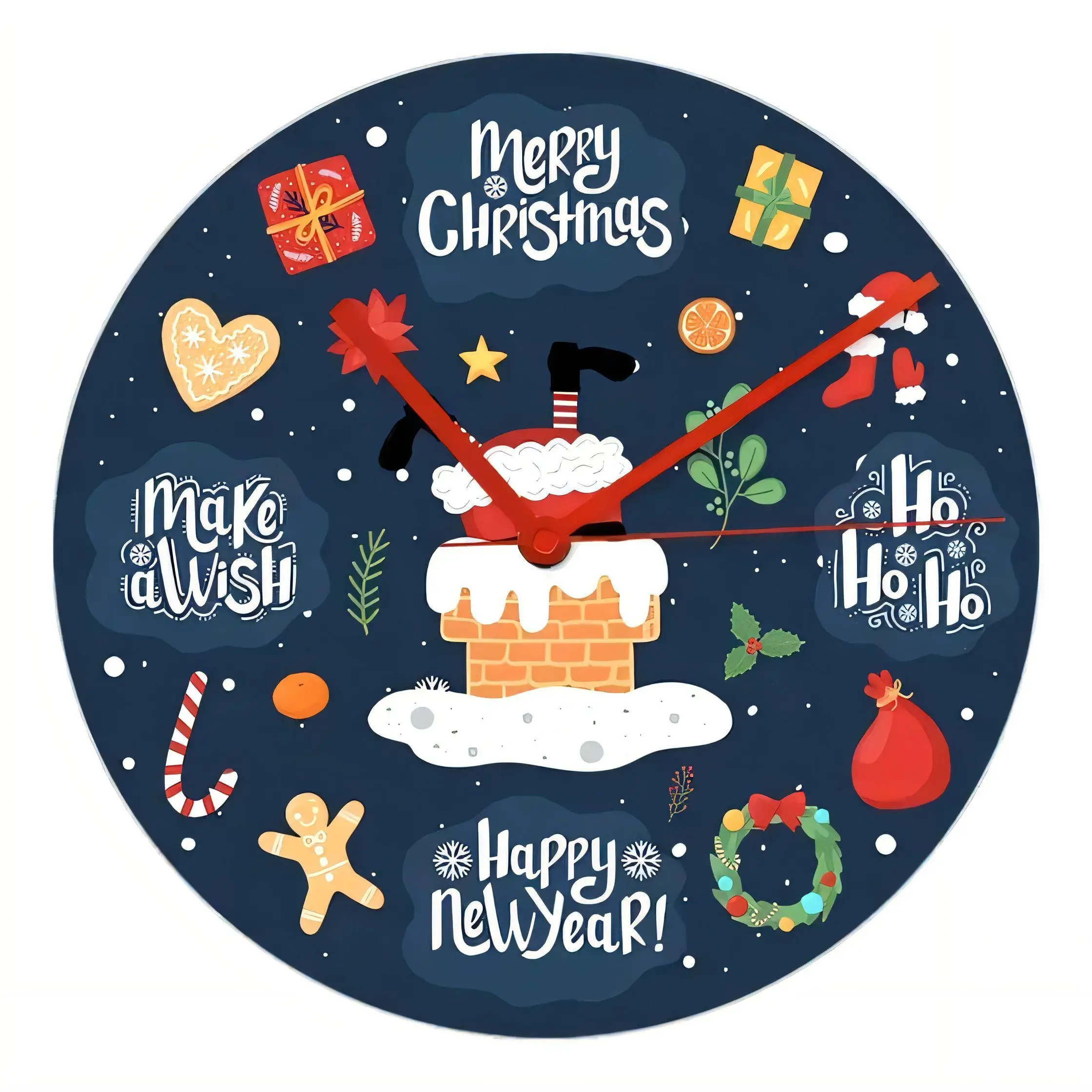 Merry Christmas  Wall Clock Round Holiday Decor with Santa Chimney Gingerbread Merry Christmas