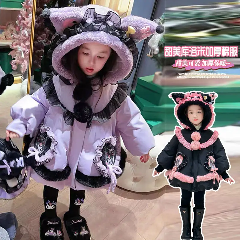 Kuromi Sanrios Cotton Clothes Kawaii Cartoon Girl Plus Velvet Coat Quilted Autumn Winter New Child Clothing Thicken Jacket