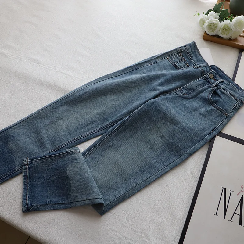 Pantaloni a sigaretta in denim di piccole dimensioni versatili a vita alta Pantaloni da donna a nove punti con gamba dritta che dimagriscono il pane francese Primavera Aut...