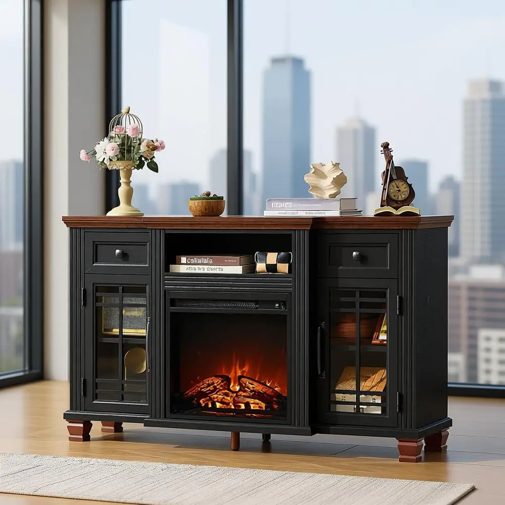 

Тумба под телевизор с электрическим камином 52 дюйма, бесшумная вставка 18 дюймов, развлекательный центр для телевизоров до 65 дюймов, 2 шкафа с стеклянными дверцами