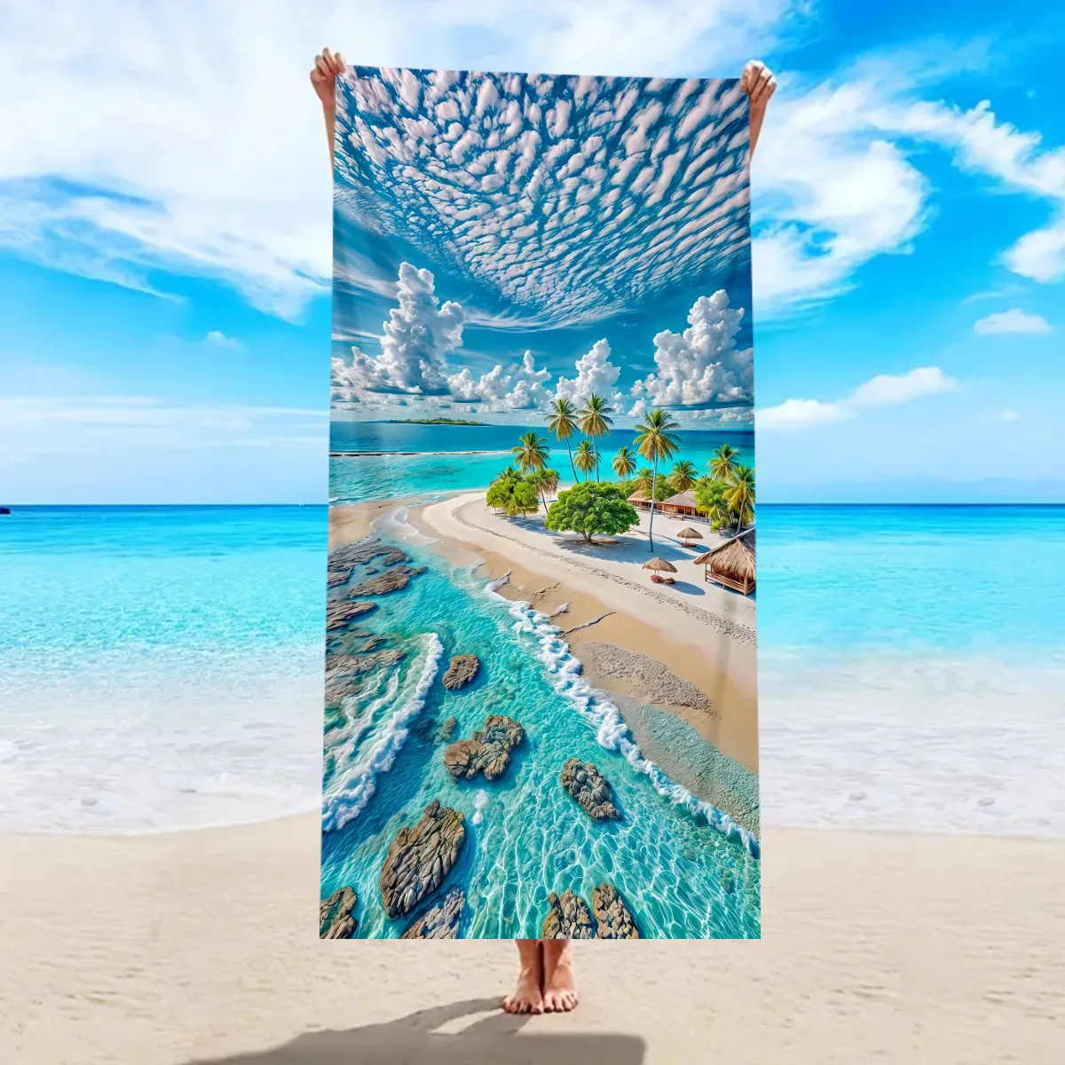 Bright Sky White Cloud Palm Beach Landscape Pattern Soft Absorbent Pool Towel for Outdoor Camping and Sunbath