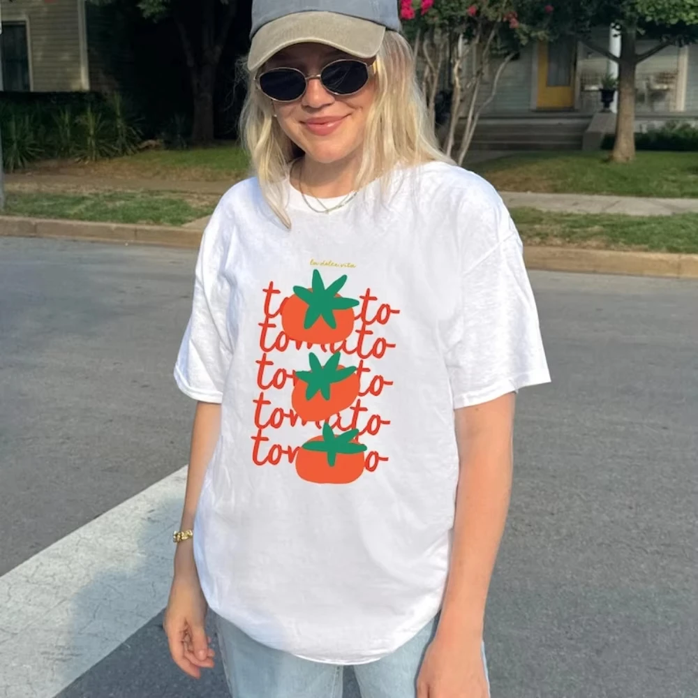 الطماطم فتاة الصيف لطيف الإبداعية تي شيرت مطبوع الطماطم الصيف المزارعين البلوز المرأة Crewneck القطن قصير الأكمام