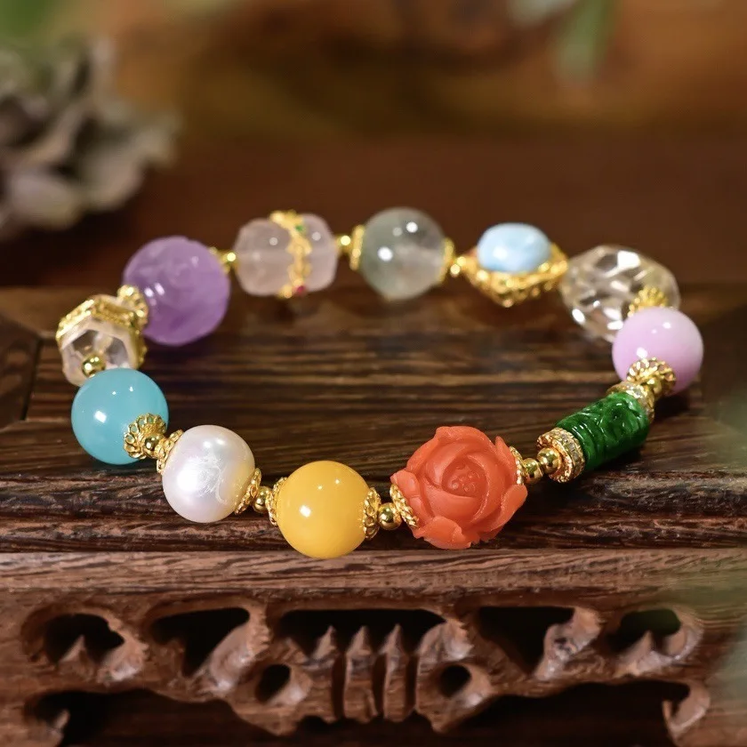 

Natural Multi-Gemstone Bracelet, Dry Green Jade Nanhong Amber Pearl Amethyst Rose Quartz Larimar, Colorful Jewelry Gift