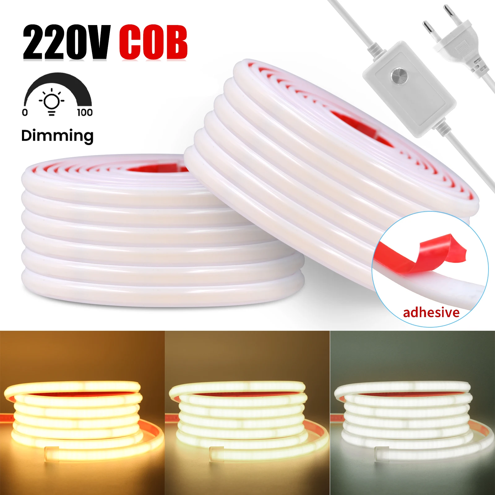 cob led neon strip light 220v 240leds por m 10cm de corte ip65 impermeavel iluminacao linear regulavel branco natural quente luz ao ar livre para casa 01