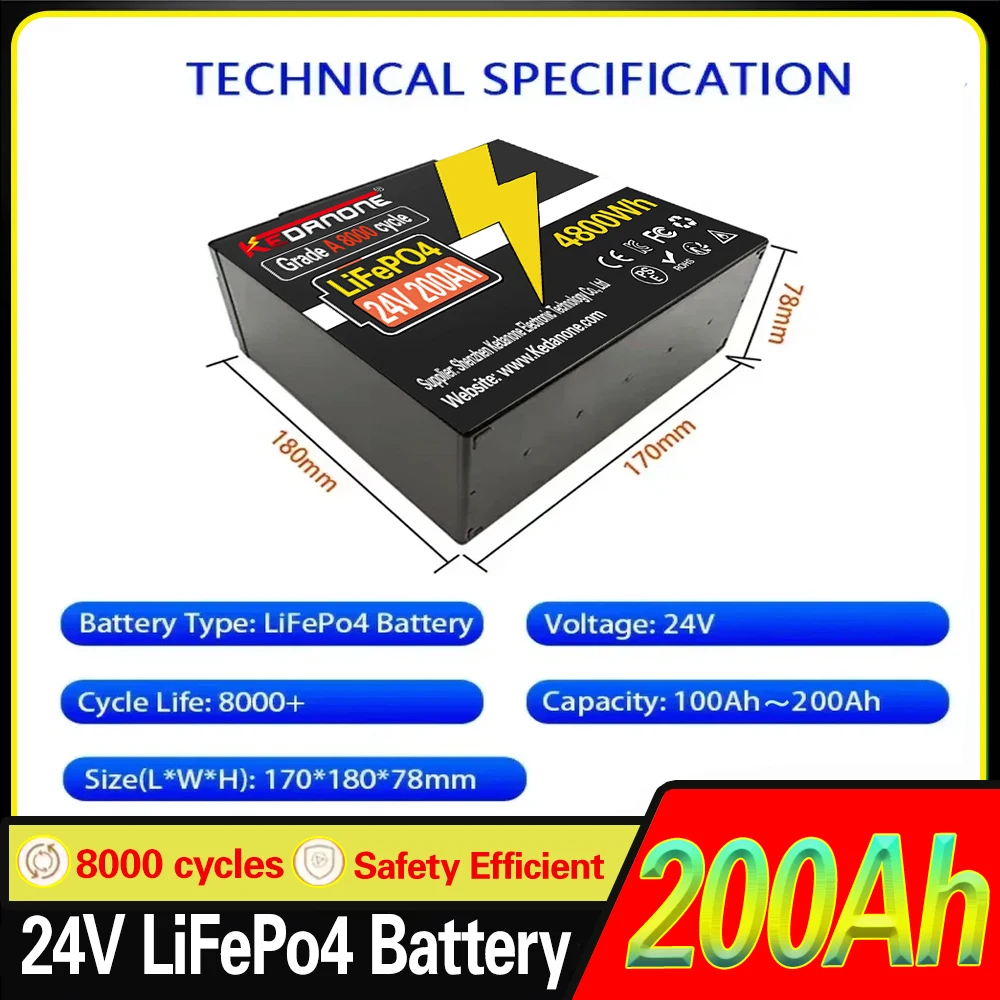 

New 24V 100Ah 120Ah 150Ah 180Ah 200Ah 220Ah LiFePO4 Battery, Built-in 200A BMS Rechargeable Battery for Inverter Solar RV No Tax
