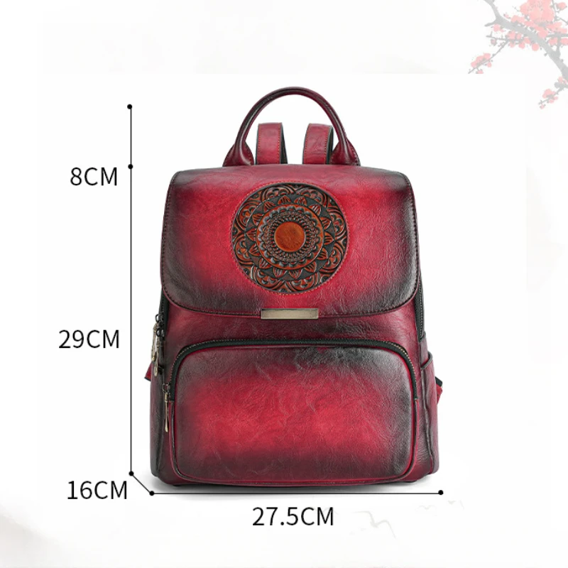 Johnature Vintage Totem Embossed Backpack 2024 New Women Leather Bag Versatile Solid Color Large Capacity Travel Backpacks