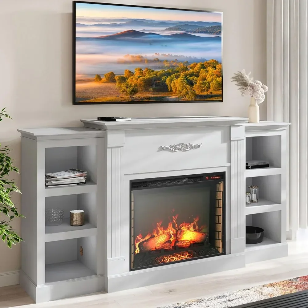 Media Entertainment Center para TVs, aquecedor com eficiência energética com som e prateleiras de livros laterais, Lenore, branco, até 68"