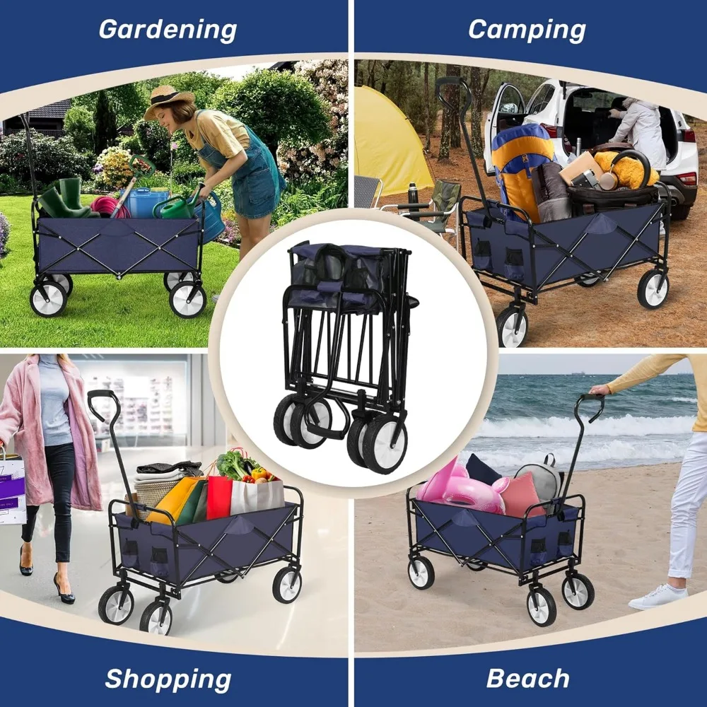 Collapsible Garden Cart with 360 Swivel Wheels, Adjustable Handle, 220lbs Capacity for Camping and Outdoor Use