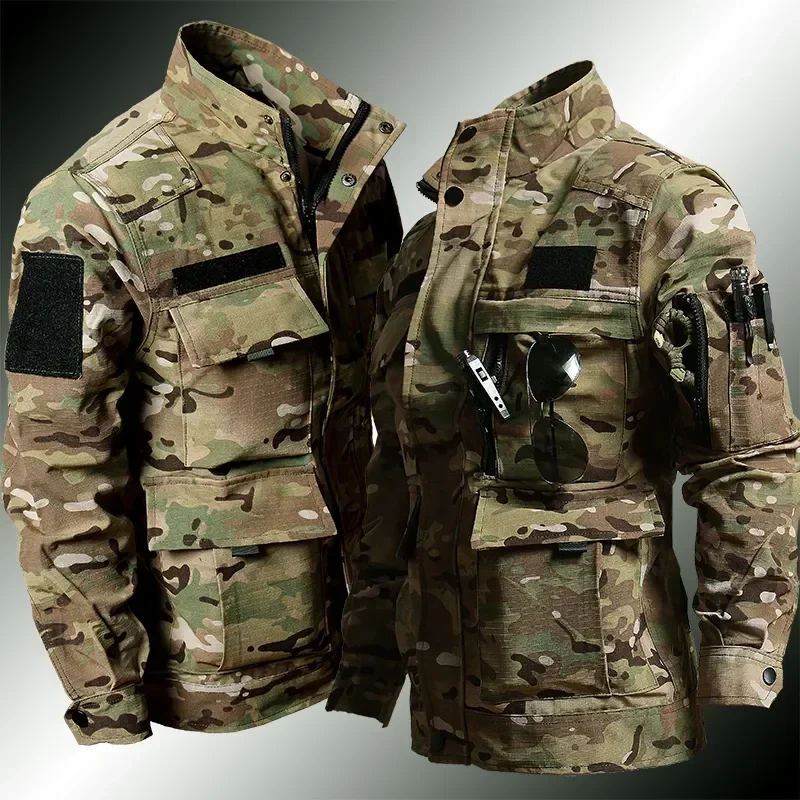 Tactics Sports Sets Men Camo Multi-pocket Ripstop Cargo Jackets+Hunting Training Wear-resistant 2Pcs Suits Outdoor Tactical Set