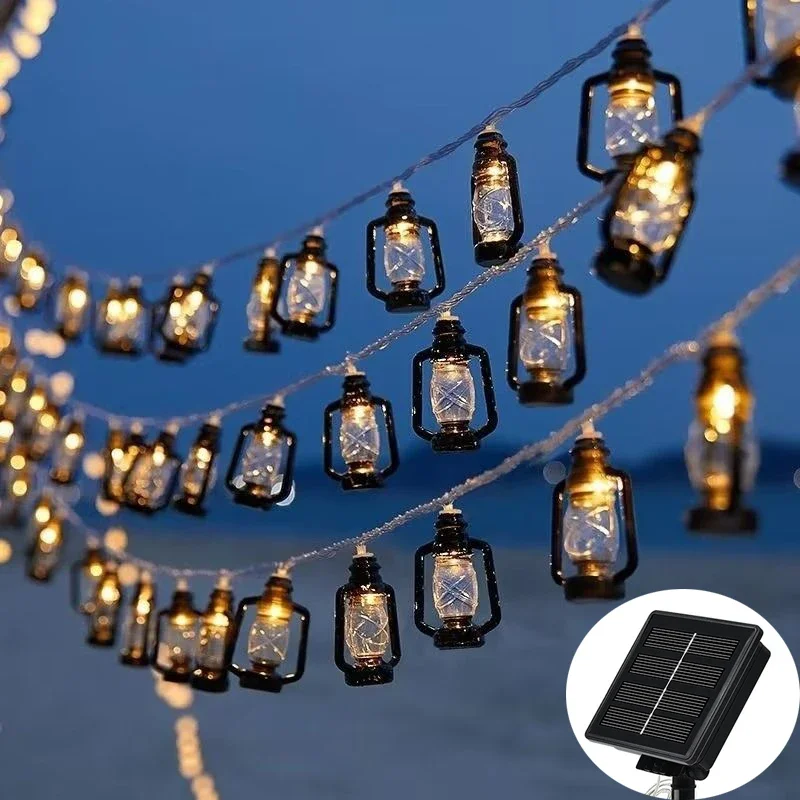 

5-12M Solar Mini Retro Kerosene LED String Light Eid Mubarak Star Moon Palace Battery Lantern Fairy Ramadan Halloween Decoration