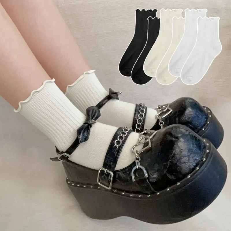 1/3pairs Cotton Ruffles Ankle Socks Women Lolita Cute Kawaii Korean Stocking Girl Spring Black White Middle Tube Japanese Sox