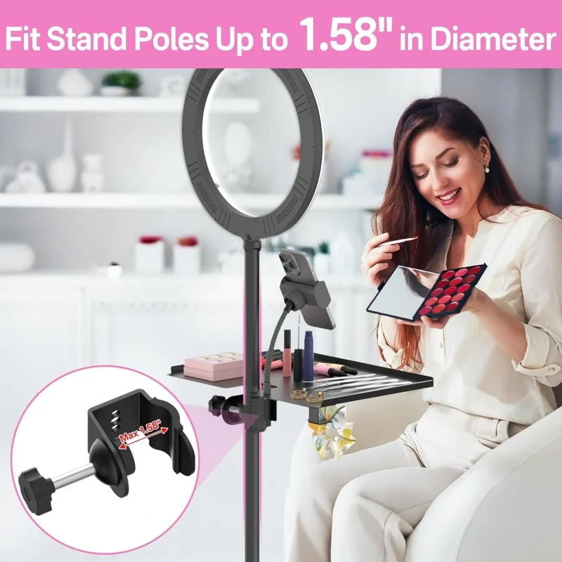 حامل صينية الرموش قابل للتعديل للضوء الدائري - حامل منظم بمشبك مع حامل هاتف لإكسسوارات التجميل لتمديد الرموش