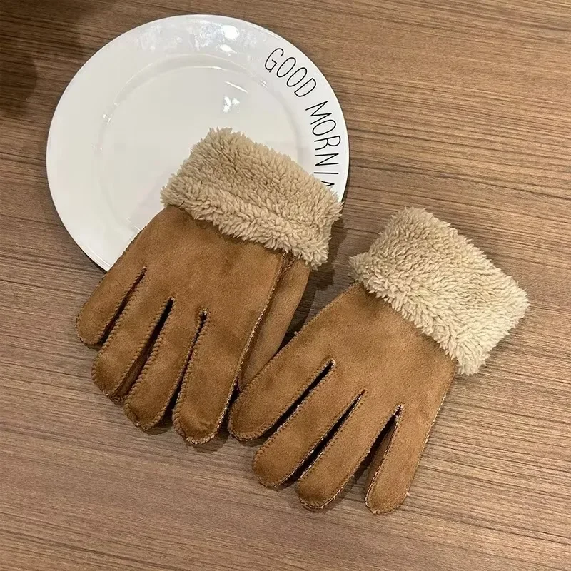 Lamb's Wool Split-finger Gloves Winter Padded Thickened Suede Men Women Couple Imitation Fur One Outdoor Riding Windproof Gloves