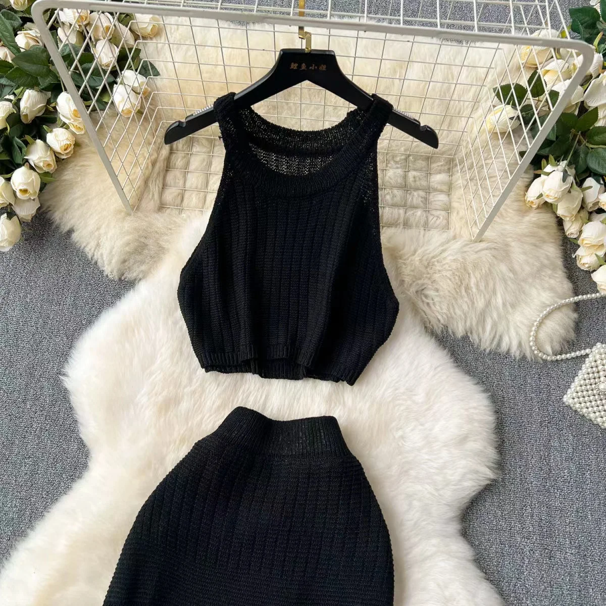 New Style Knitting Solid Color Tank Top Texture Slit Dress Ladies Beach Sunscreen Dress Suit Hollow Out Beachwear Cover Up