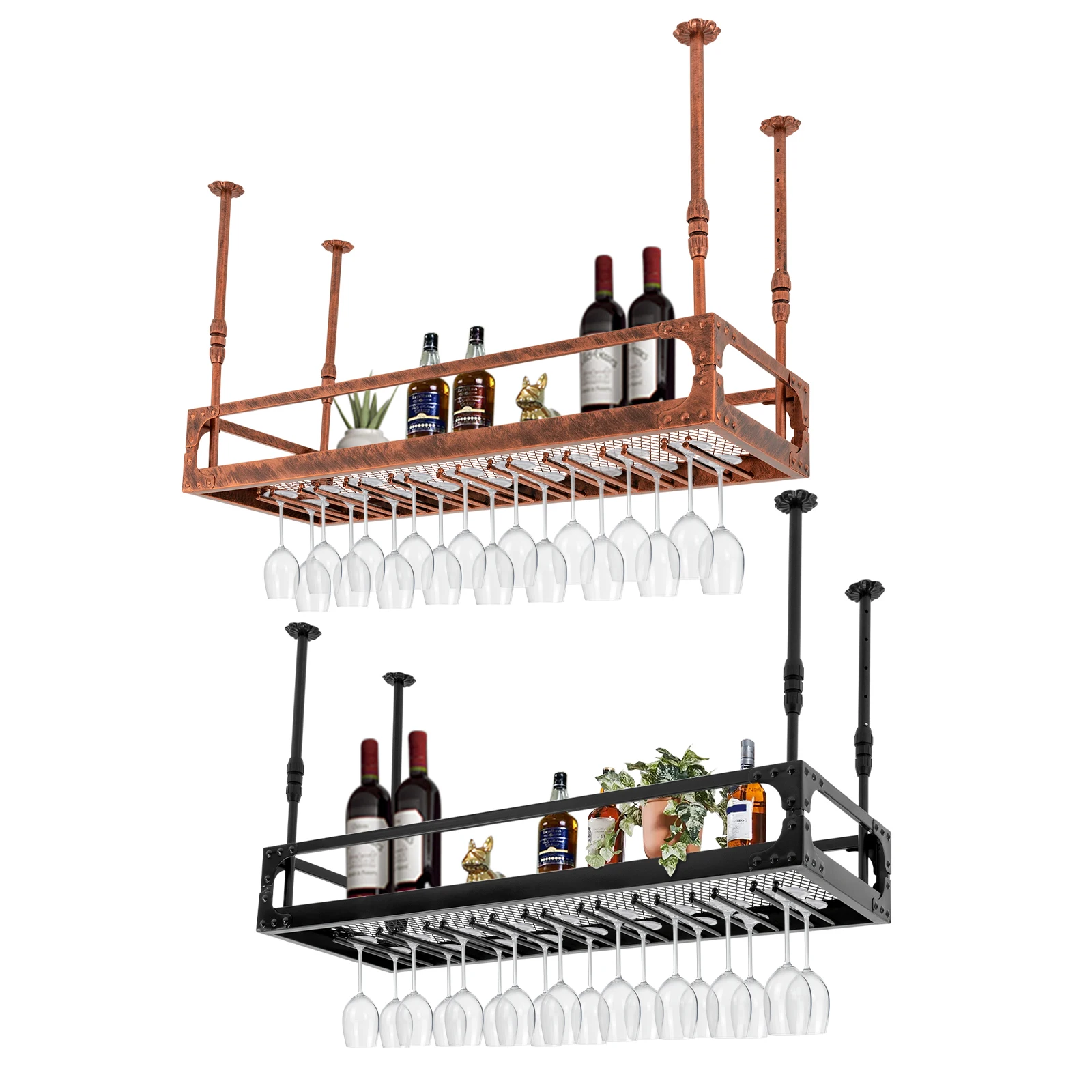 Prateleira flutuante suspensa para bar vintage, montada no teto, cave de vinho de cozinha, 100cm, prateleira 50kg, bronze/preto, vintage, montada no teto